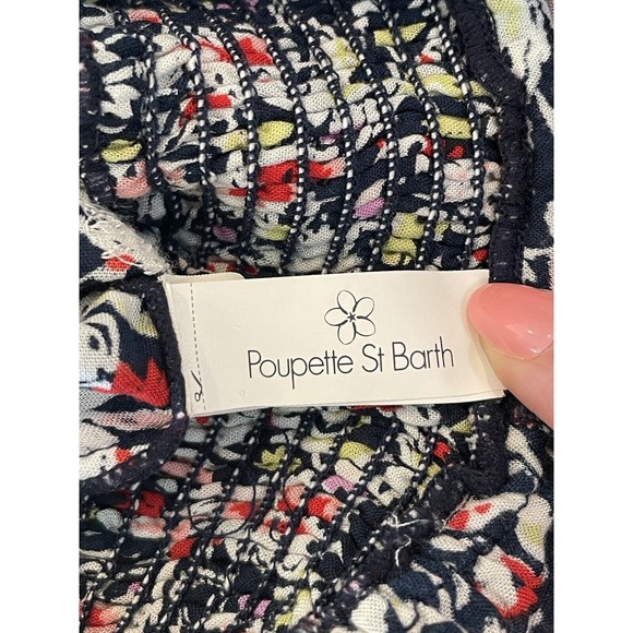 Poupette St Barth Navy Floral Romper Women’s S Frayed Hem Half Sleeve V Neck - Picture 5 of 13